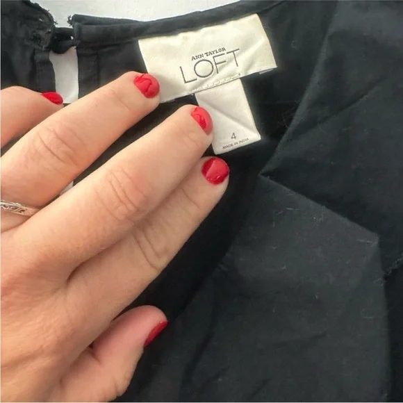 LOFT Black Sleeveless Dress with Ruffle Neckline & 3D Floral Hem | Size 4 - Picture 3 of 5